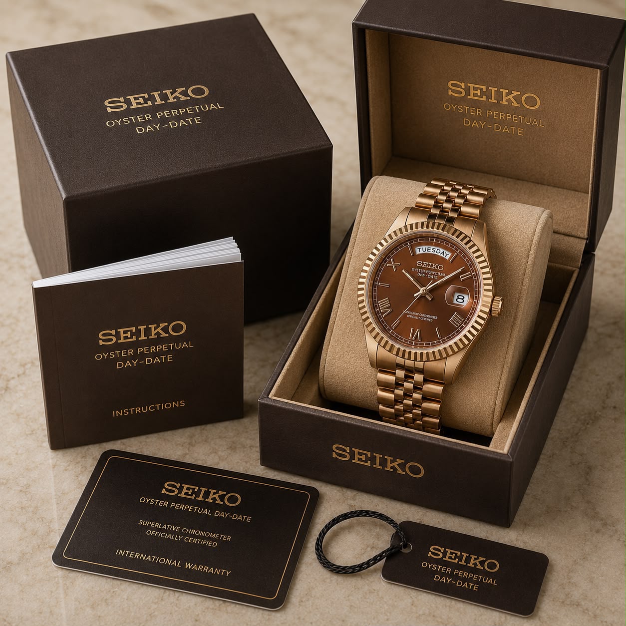Seiko Two-Tone Rose Gold Watch Fluted Bezel Brown Sunburst Dial Diamond Hour Markers Stainless Steel Jubilee Bracelet – Men