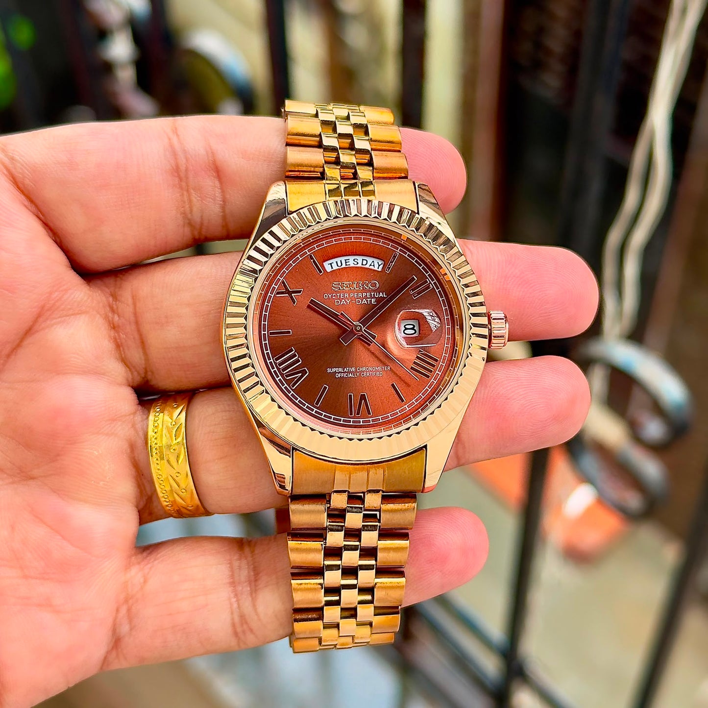 Seiko Two-Tone Rose Gold Watch Fluted Bezel Brown Sunburst Dial Diamond Hour Markers Stainless Steel Jubilee Bracelet – Men