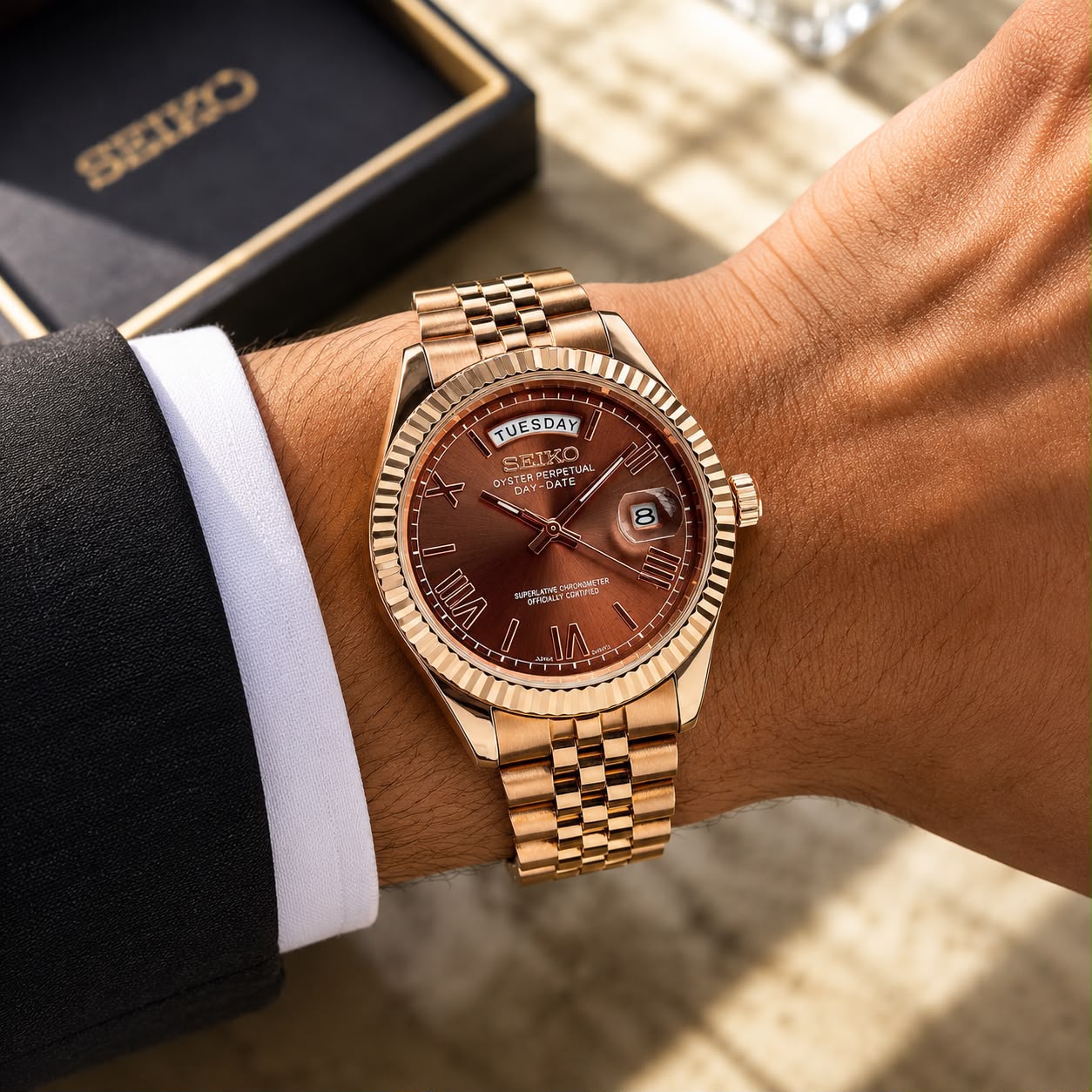 Seiko Two-Tone Rose Gold Watch Fluted Bezel Brown Sunburst Dial Diamond Hour Markers Stainless Steel Jubilee Bracelet – Men