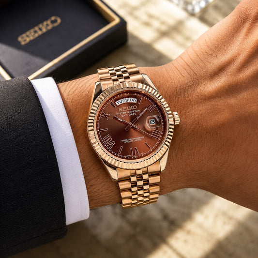 Seiko Two-Tone Rose Gold Watch Fluted Bezel Brown Sunburst Dial Diamond Hour Markers Stainless Steel Jubilee Bracelet – Men
